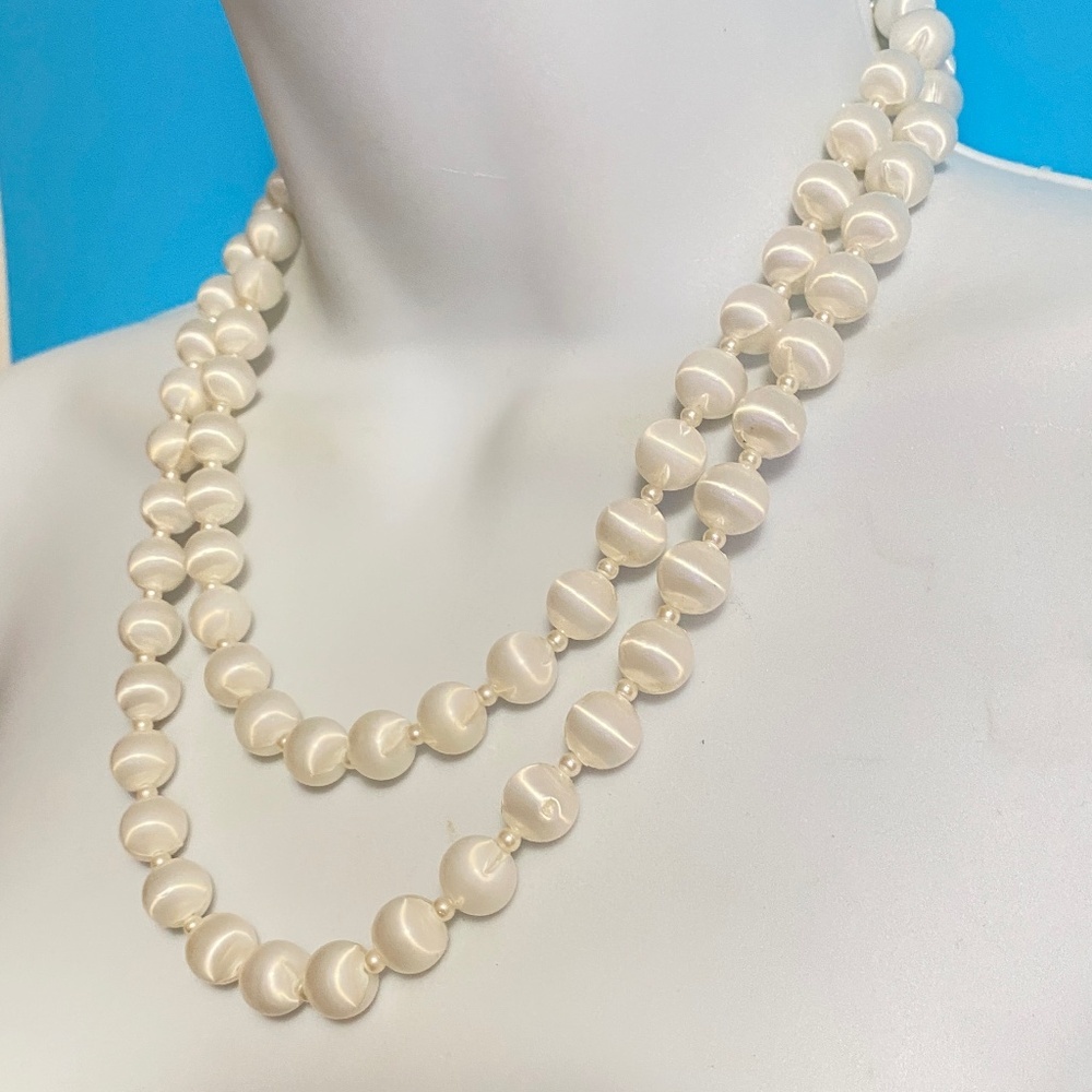 Vintage SARAH COVENTRY White Satin Beads Long Necklace